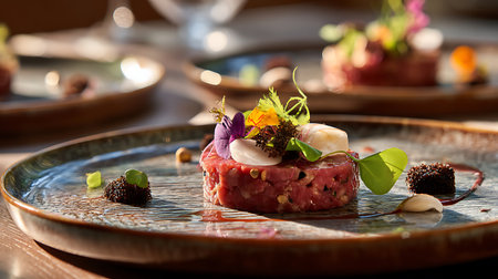 Exquisite plate of beef tartare artfully decorated with fresh herbs and edible flowers for an elegant meal.の写真素材
