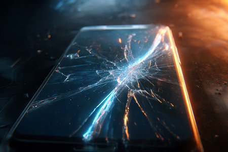 A mobile device with a shattered screen displays intricate patterns of cracks against a dark...