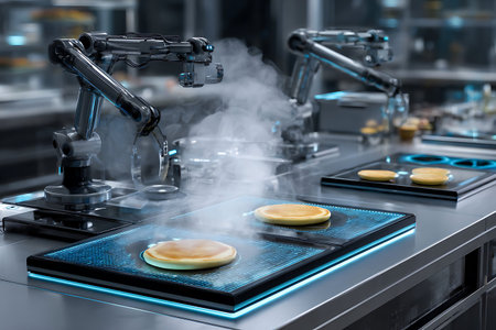 Futuristic kitchen scene featuring robotic arms cooking pancakes on advanced glowing-edge cooktops.の写真素材