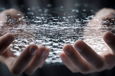 Hands hold a glowing network of interconnected dots symbolizing the power of digital connections.の写真素材