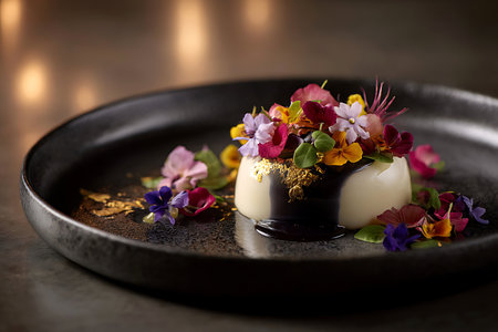 Artfully plated panna cotta adorned with vibrant edible flowers and gold flakes on a dark ceramic plate.の写真素材