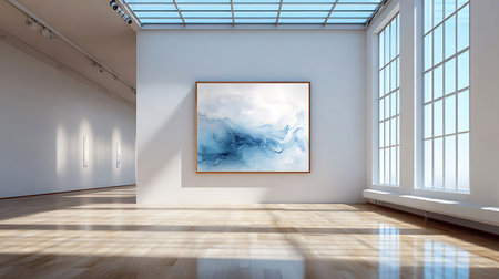 Spacious modern art gallery interior featuring a blue and white abstract painting on a white wall.の写真素材