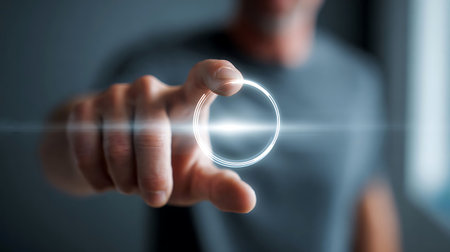 Person touching a glowing interface with a finger interacting with technology and the digital world.の写真素材