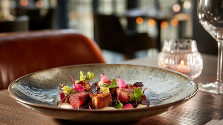 Exquisite plate of seared pork belly cubes dressed with microgreens and flower petals atop a smooth sauce.の写真素材