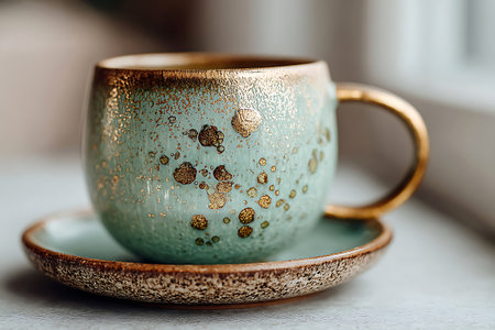 Elegant sea green ceramic cup with golden accents sits upon a matching saucer radiating sophistication.の写真素材