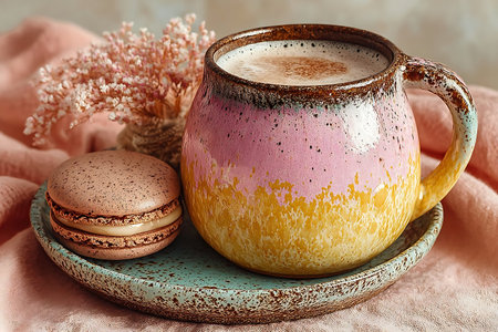 A colorful mug filled with a frothy beverage a single macaron and delicate flowers on a decorative plate.の写真素材