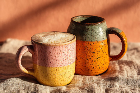 A delightful pair of handcrafted mugs in warm sunlight one filled with a frothy inviting beverage.の写真素材