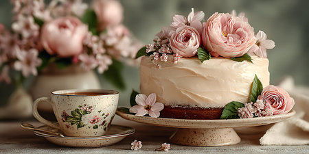 Elegant still life of a cake adorned with pink roses accompanied by a floral teacup and roses in a vase.の写真素材