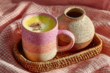 Cozy golden milk drink in a ceramic mug next to a neutral vase resting on a wicker tray on a pink cloth.の写真素材