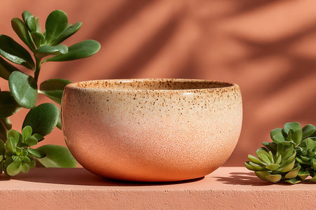 A warm-toned ceramic bowl with speckled texture sits beside lush succulents against a soft coral background.の写真素材