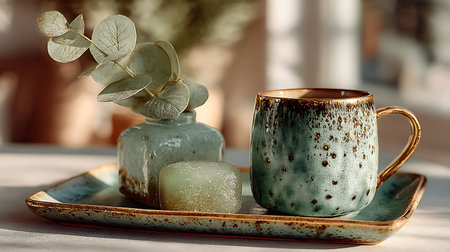 Artistic still life featuring a teal and gold mug a decorative square object and a small vase with plant.の写真素材
