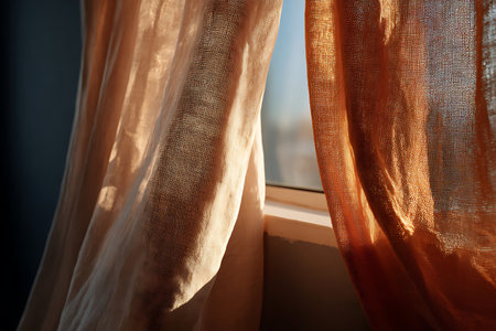 Sunlit fabric drapes gently against the window casting shadows in a warm and inviting display.の写真素材