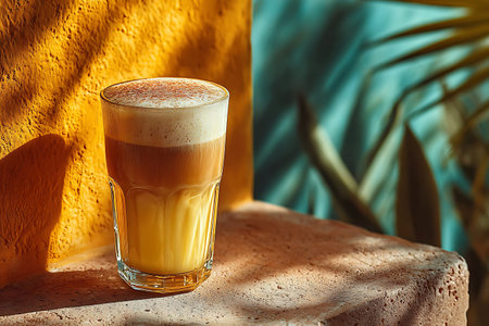 A glass of layered beverage featuring light yellow amber and foamy white presented on a stone surface.の写真素材