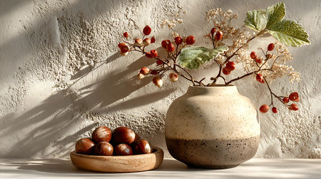 Still life with autumn elements vase filled with red berries and decorative leaves wooden bowl of...