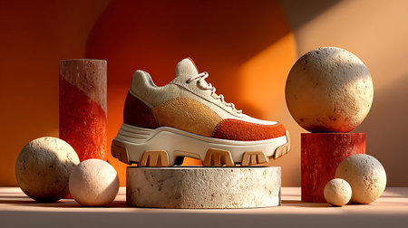Conceptual 3D render of shoe with shadow on orange backgroundの写真素材
