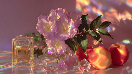 Elegant still life featuring flowers fruits and a geometric glass bottle all bathed in soft...