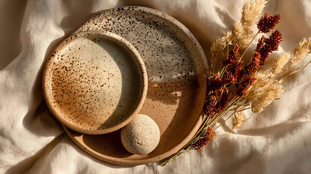 Minimalist still life featuring speckled ceramic plates a bath bomb and dried floral arrangements.の写真素材