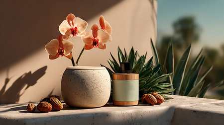 A serene composition with a vase of orchids a stylish jar and almonds in a harmonious natural setting.の写真素材