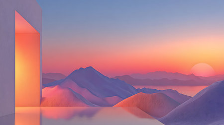 Tranquil landscape where warm light shines through an abstract doorway overlooking purple mountains.の写真素材