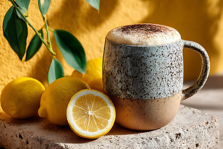 A delightful drink presentation features a frothy beverage alongside vibrant lemons on a textured surface.の写真素材