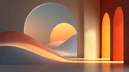 Minimalist space featuring a sunrise viewed through arched doorways creating a serene and abstract vista.の写真素材