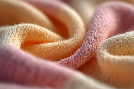 Close-up shot of soft plush pastel-colored fabric showcasing its texture warmth and inviting appearance.の写真素材