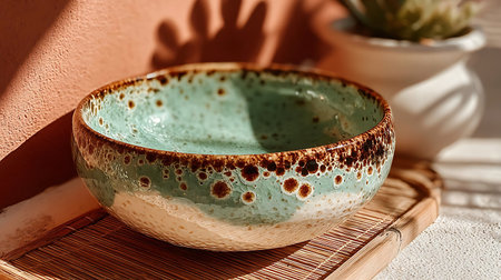 A close-up of a decorative ceramic bowl in turquoise and brown hues adding rustic charm to any setting.の写真素材