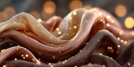 Abstract close-up of flowing luxurious fabric with a soft warm light and delicate golden accents.の写真素材