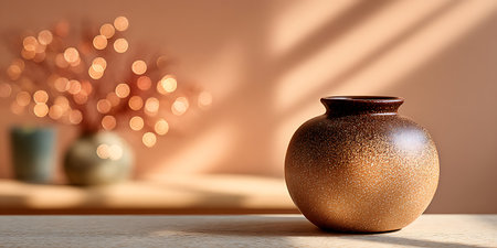 A minimalist aesthetic with a glazed ceramic vase as the focal point in a softly lit warm-toned setting.の写真素材