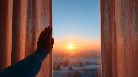 Hand parts curtains to reveal a stunning sunrise view The sky glows with warm hues and winter scene...
