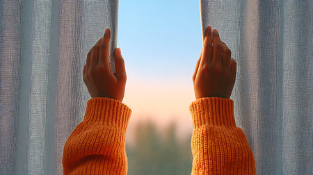 Hands in a vibrant knit sweater pull apart sheer curtains revealing a bright sunrise over a peaceful...