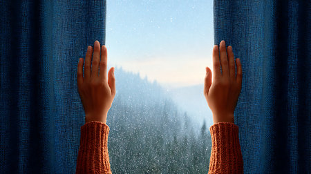 Hands opening curtains to reveal snowy mountain view capturing a serene winter landscape scene.