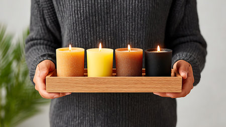 A person holding a wooden tray with four different colored and scented candles on display for...