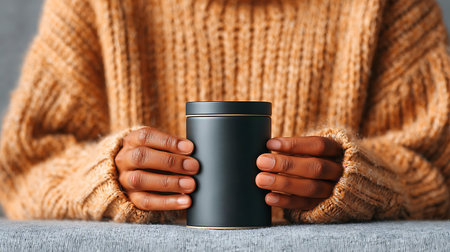 A person wearing a sweater holding a sleek dark container with gold accents on a grey textured...