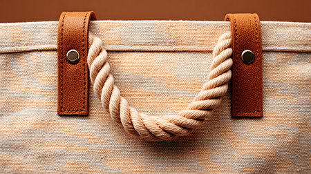 Close-up of a beige fabric bag featuring a twisted rope handle and secured by brown leather straps.