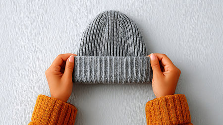 Pair of hands in a brown sweater holding a knitted grey hat against a light grey textured...
