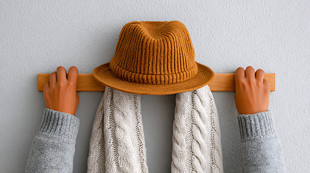 A knitted hat and woven scarf hang on a wooden rack held by a person wearing a grey sweater.
