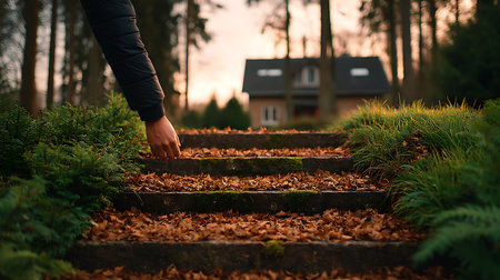 A person walks on a path covered in autumn leaves leading to a house in the forest during dusk.