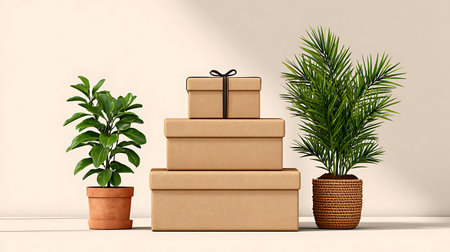 A stack of brown boxes are displayed along side a couple potted plants set against a light backdrop.