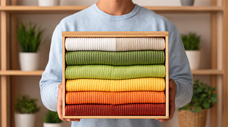 Man holding a box of neatly folded colorful corduroy sweaters displaying organized wardrobe...