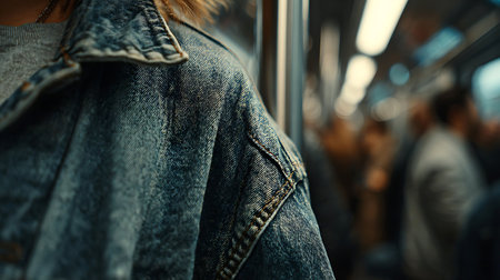 Close up of woman in blue jeans jacket inside the train. Blurred background