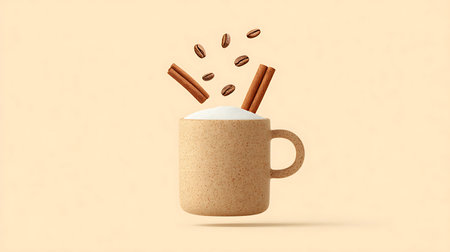 Coffee cup with cinnamon sticks and coffee beans flying out of itの写真素材