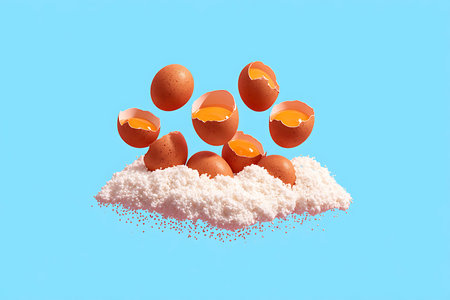 Broken eggshell on pile of white flour isolated on blue background