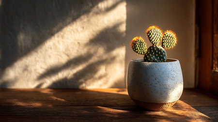 Cactus in pot on wooden table with shadow on wall background.の写真素材