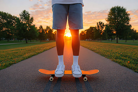 Skateboarder skateboarding on the road in the park at sunsetの写真素材