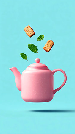 Pink teapot with mint leaves and crackers on blue backgroundの写真素材