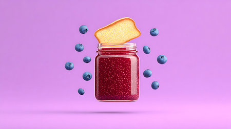 Blueberry jam in a jar on a purple background. 3d renderingの写真素材