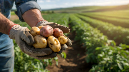 Farmer holding potatoes in his hands on the background of the fieldの写真素材