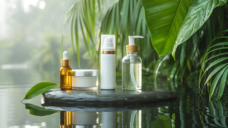 Cosmetic bottle containers with green leaves on a glass table. Skin care conceptの写真素材