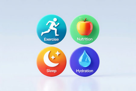 3d illustration of healthy lifestyle concept with apple, water drop and iconsの写真素材